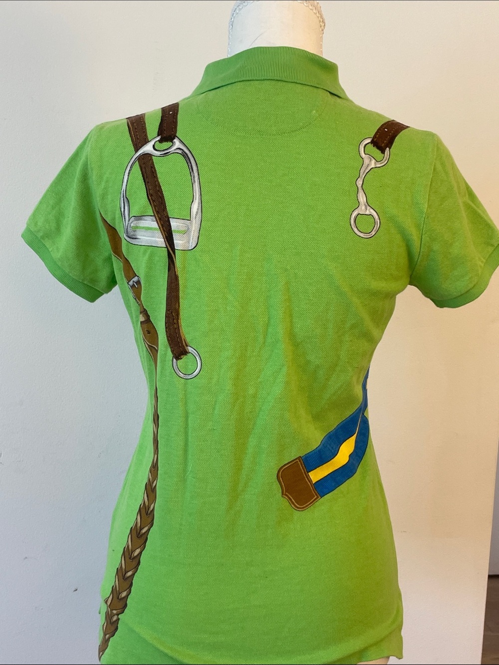 Vintage Polo Ralph Lauren Equestrian Polo Shirt Bridle Saddle Print Lime Green S - Picture 8 of 13